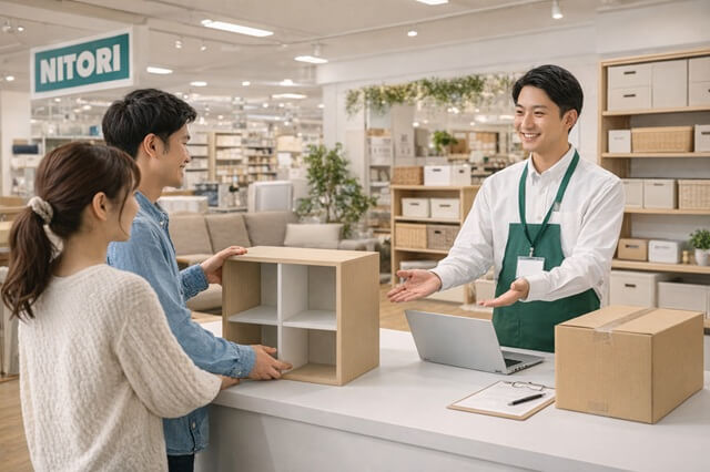 ニトリでカラーボックスを引き取りしてる様子