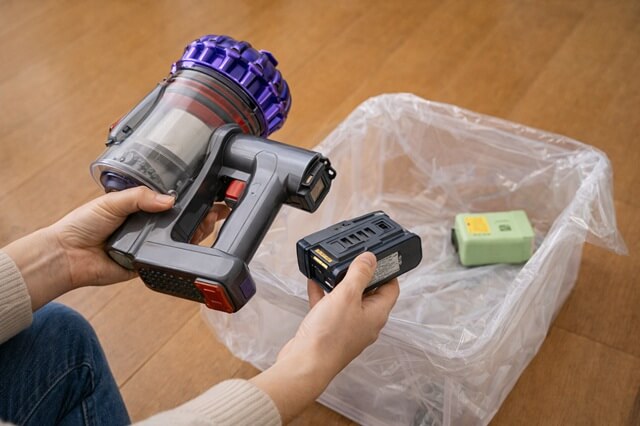 コードレス掃除機からバッテリーを取り外して処分準備する様子