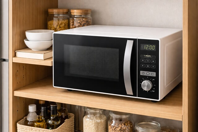 棚に置かれた電子レンジ