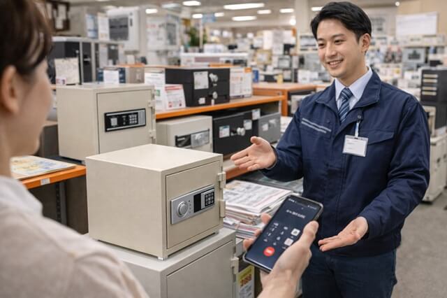 金庫の購入店舗で処分の相談をしてる様子