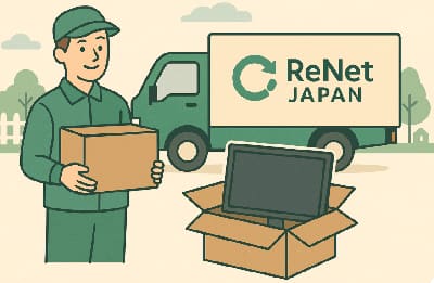 リネットジャパントラックとダンボールを持った男性作業員