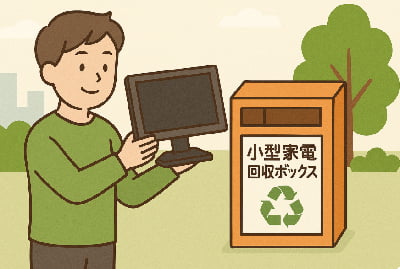 小型家電回収ボックスとモニターを持った男性