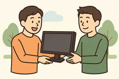 モニターを知人に渡してる