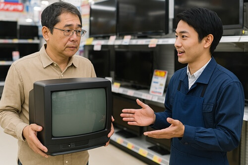 家電量販店でブラウン管の引取をお願いしてる男性と店員