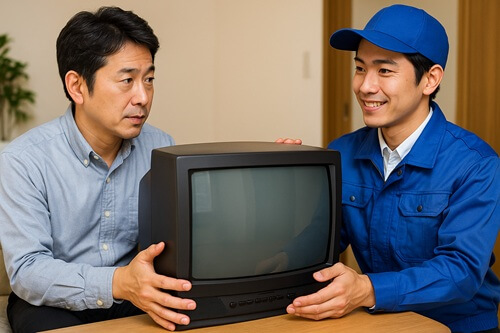 買取業者にブラウン管テレビを買取してもらってる様子
