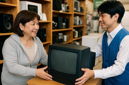 リサイクルショップにブラウン管テレビを買取してもらってる様子