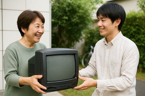 ブラウン管テレビを友人に譲ってる様子