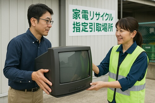 自治体の指定引取場所でブラウン管テレビを処分している様子