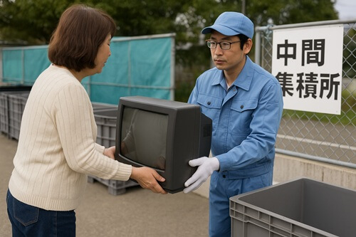自治体の中間集積所でブラウン管テレビを処分を依頼してる様子