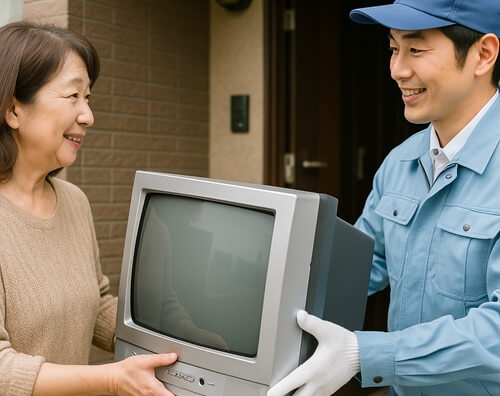 不用品回収業者にブラウン管テレビの処分を依頼してる様子