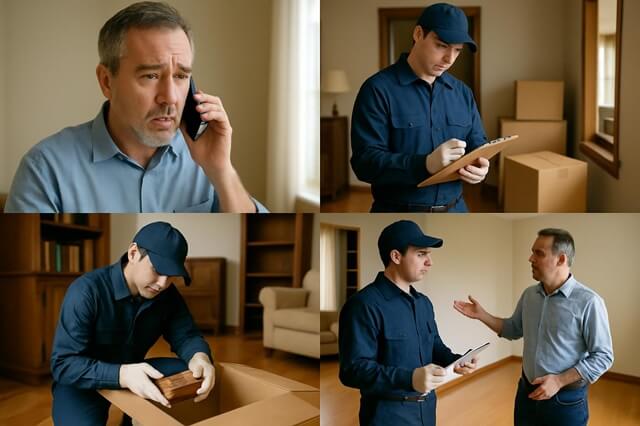 遺品整理の依頼者とスタッフが打ち合わせや作業を行っている様子