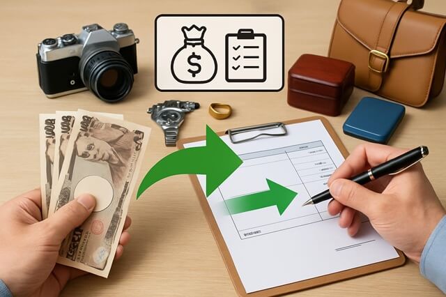 現金・貴金属・カメラ・腕時計などの遺品を査定・買取している様子