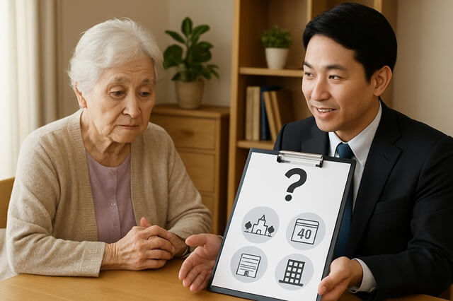 八王子で遺品整理の相談を受ける高齢の女性にスタッフが丁寧に対応している様子