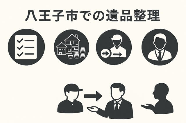 八王子市での遺品整理の流れをシンプルな図解で示したイメージ